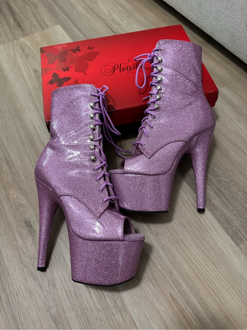 PLEASER Adore 1021 Glitter Platform Lace-Up Peep-Toe 7” Ankle Boots Lilac Size 9